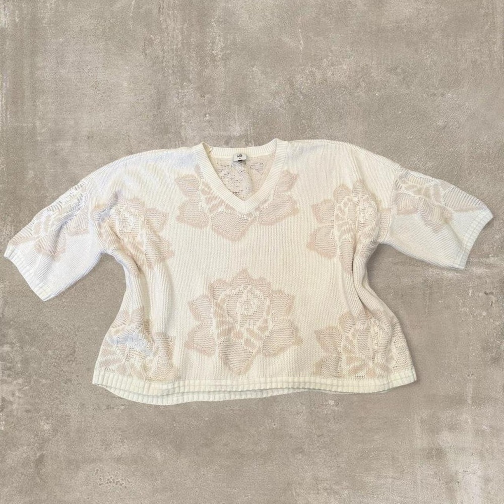 CAbi White Floral V-Neck Sweater